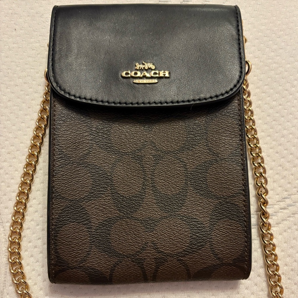 Coach Black and Brown Crossbody Bag with Gold Chain